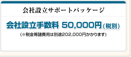 会社設立サポートパッケージ 会社設立手数料 52,500円 (※税金等諸費用は別途198,000円かかります)※会社設立のみサポート税務顧問は自由にお選びいただけます。
