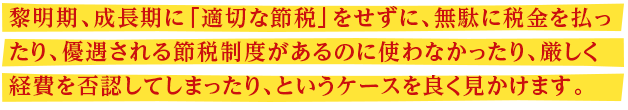 黎明期、成長期に「適切な節税」をせずに、無駄に税金を払ったり、優遇される節税制度があるのに使わなかったり、厳しく経費を否認してしまったり、というケースを良く見かけます。